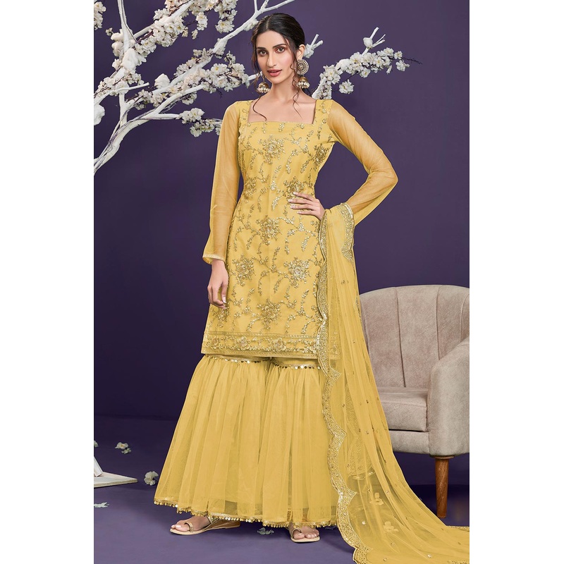 Butterfly Net Yellow Premium Embroidered Gharara Suit
