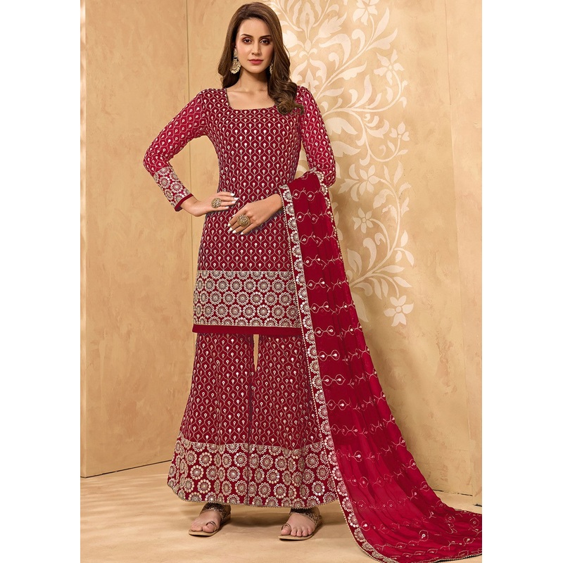 Crimson Red Party Style Designer Sharara Suit