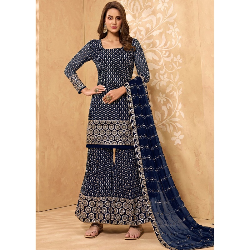Dark Blue Party Style Designer Sharara Suit