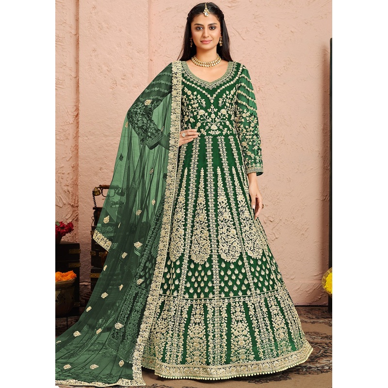Dori Embroidered Green Abaya Style Anarkali Suit