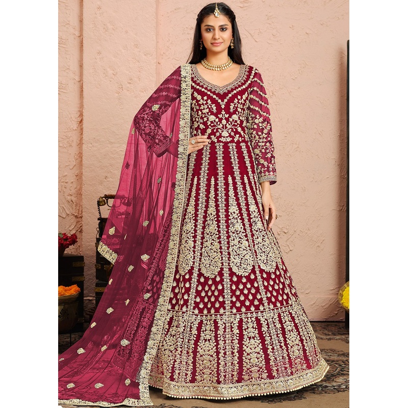 Dori Embroidered Magenta Abaya Style Anarkali Suit
