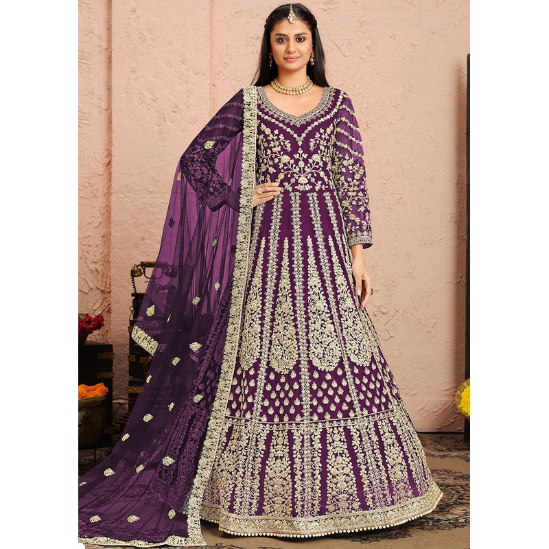 Dori Embroidered Purple Abaya Style Anarkali Suit