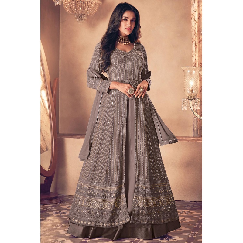 Dusty Grey Floor Length Sequins Work Anarkali Suit