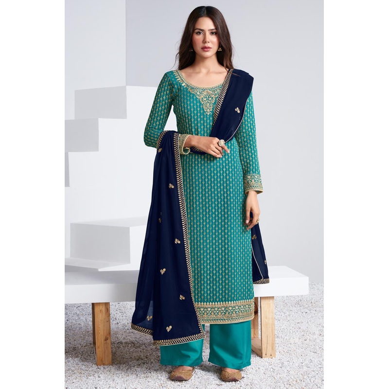 Embroidered Cyan Blue Georgette Palazzo Suit