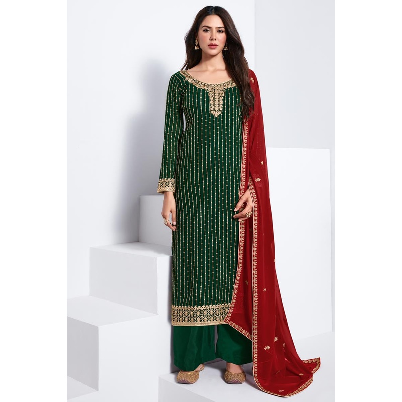 Embroidered Dark Green Georgette Palazzo Suit