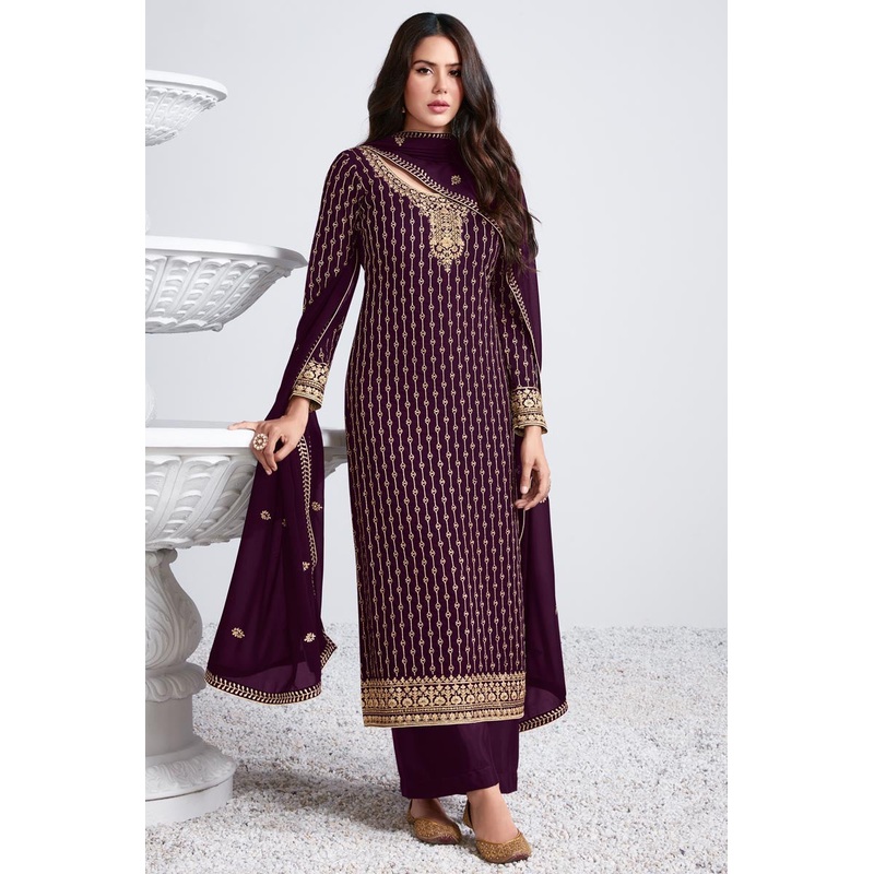 Embroidered Dark Purple Georgette Palazzo Suit