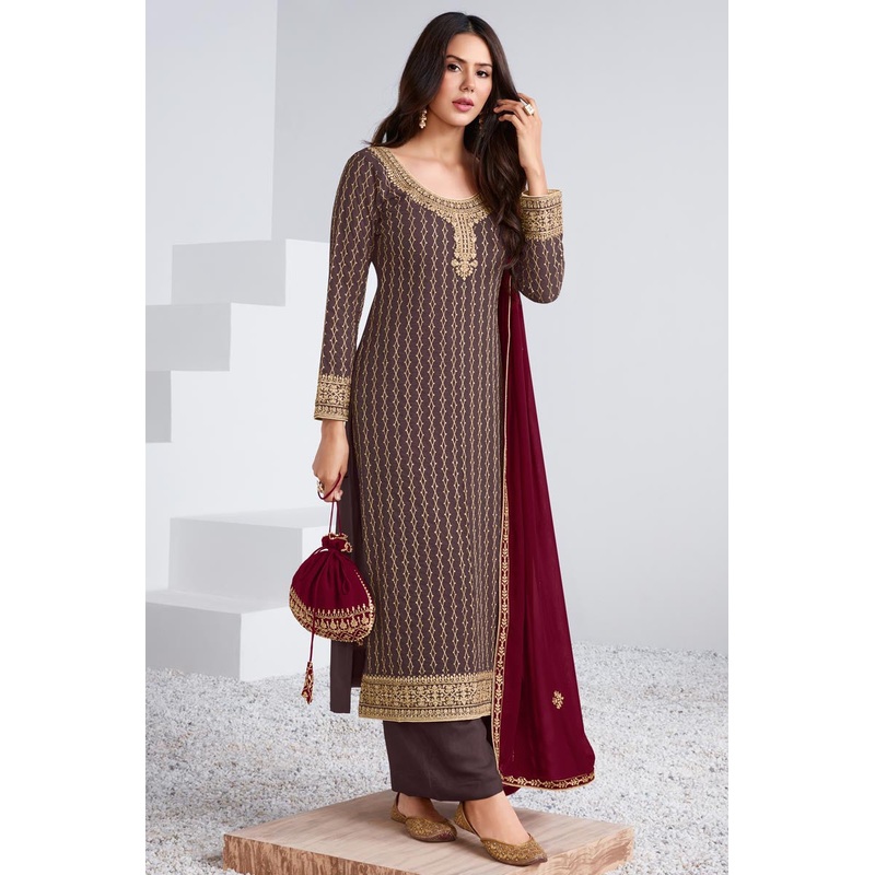 Embroidered Plum Wine Georgette Palazzo Suit