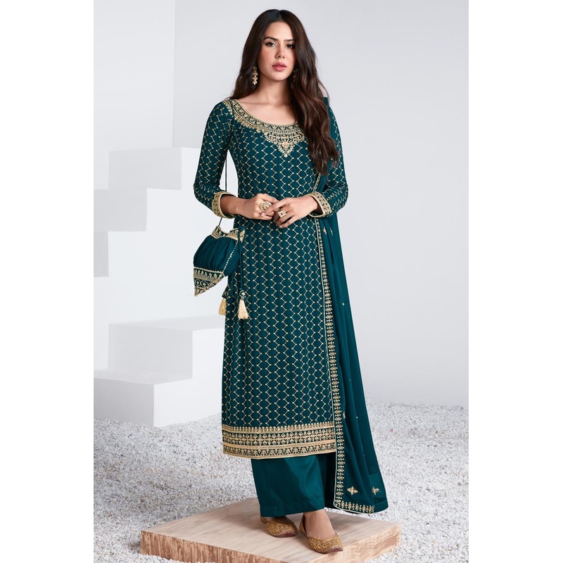 Embroidered Teal Blue Georgette Palazzo Suit