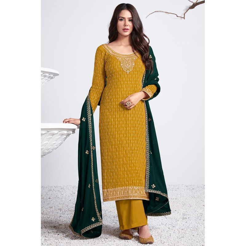 Embroidered Turmeric Yellow Georgette Palazzo Suit