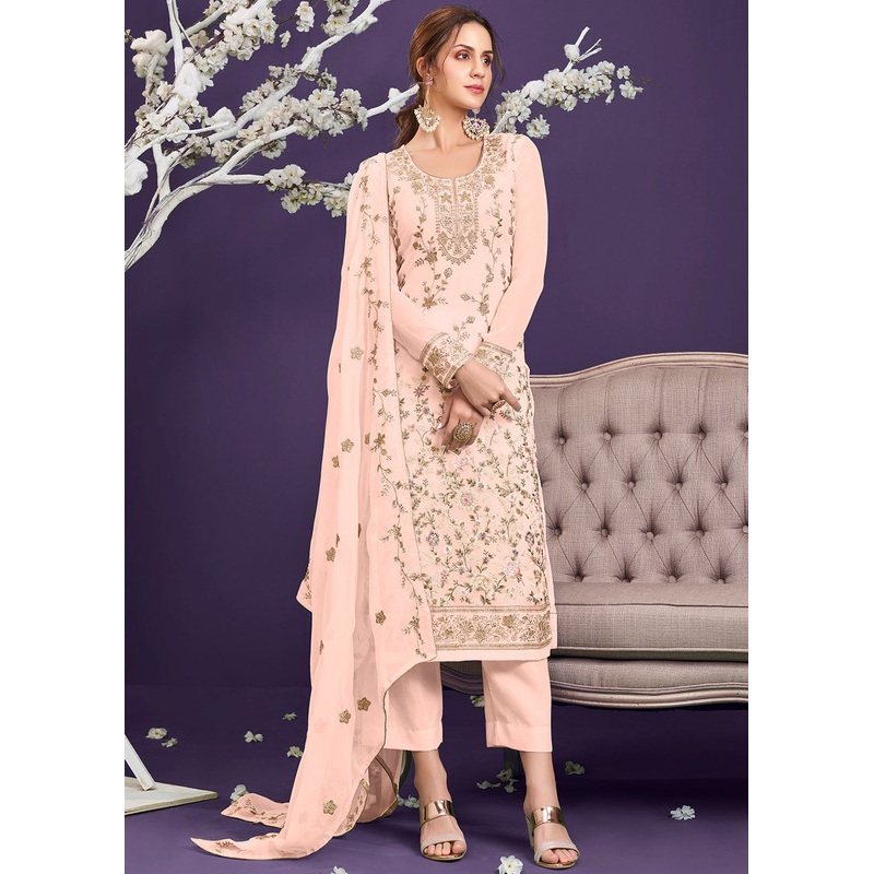 Ethnic Peach Pakistani Style Georgette Embroidered Salwar Suit