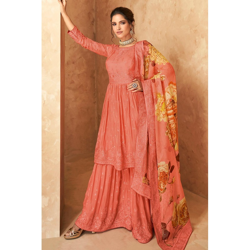Faux Georgette Coral Peach Designer Sharara Suit