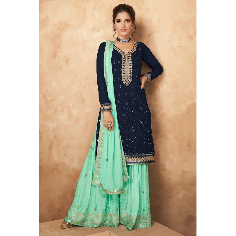 Faux Georgette Navy & Aqua Blue Designer Sharara Suit