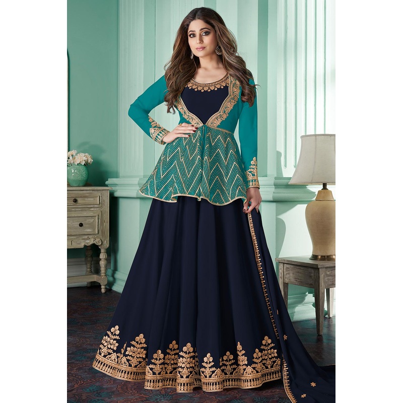 Featuring Shamita Shetty Navy Blue Georgette Anarkali with Jacket