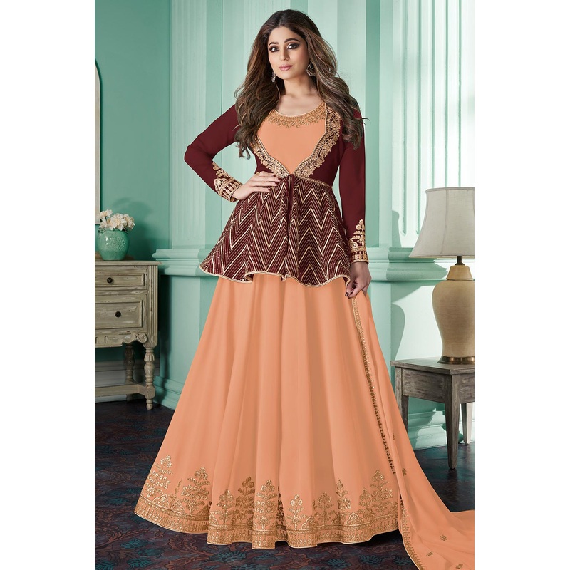 Featuring Shamita Shetty Peach Georgette Anarkali with Jacket