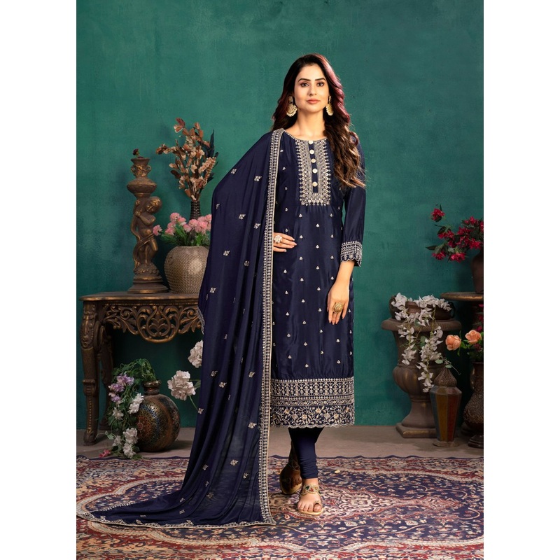 Festival Wear Navy Blue Silk Salwar Suit