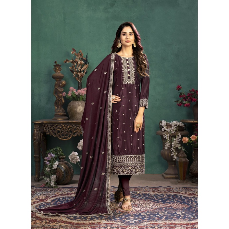 Festival Wear Wine Maroon Silk Salwar Suit