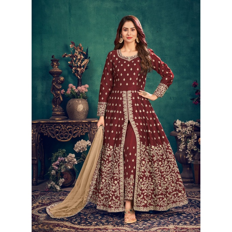 Floor Length Maroon Art Silk Embroidered Anarkali Suit