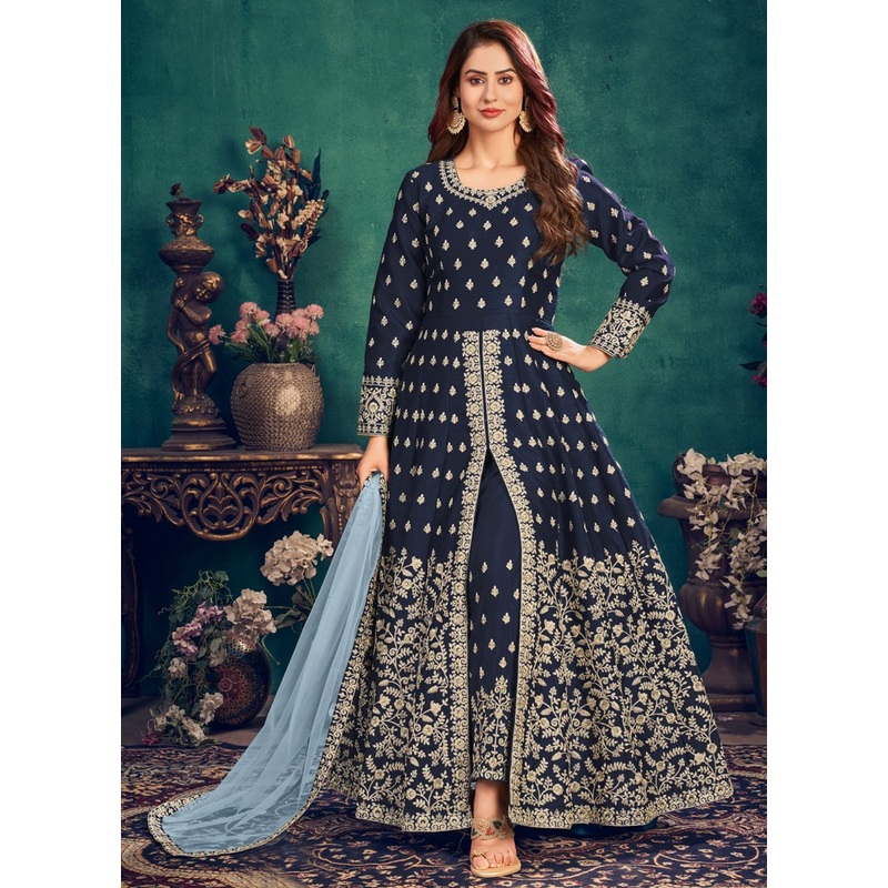Floor Length Navy Blue Art Silk Embroidered Anarkali Suit