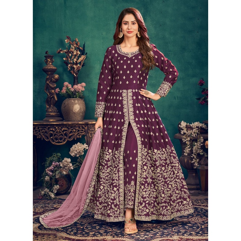 Floor Length Plum Wine Art Silk Embroidered Anarkali Suit