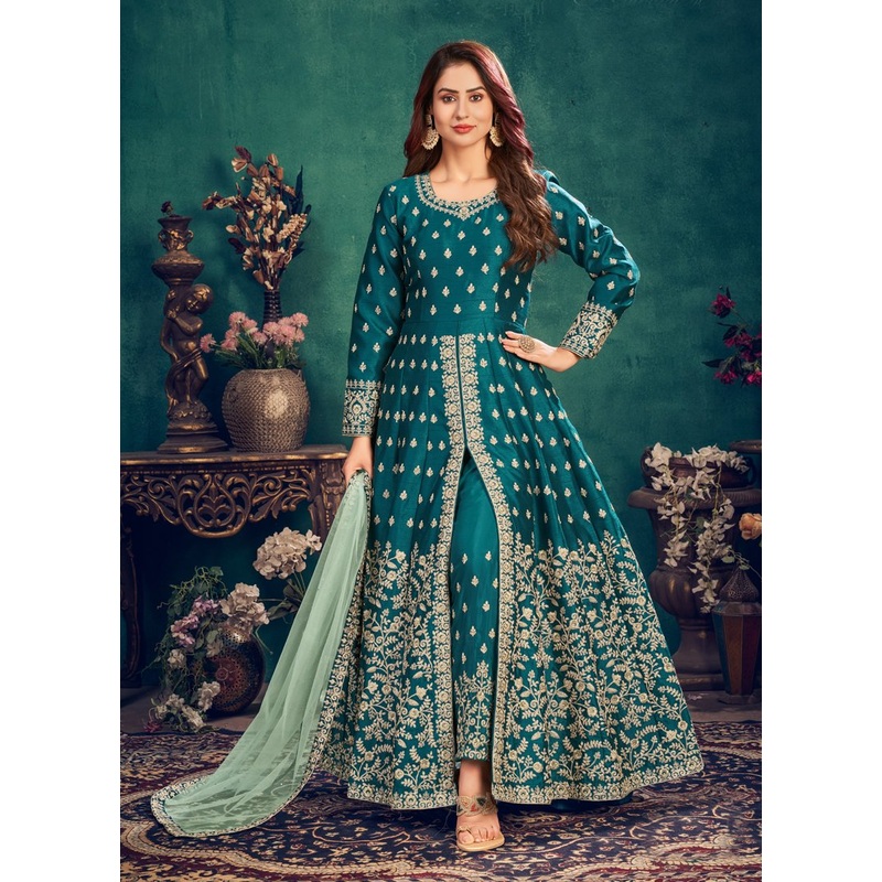 Floor Length Teal Blue Art Silk Embroidered Anarkali Suit