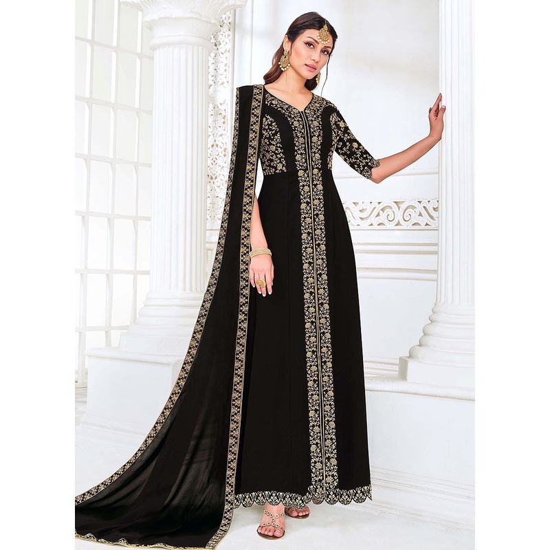 Front Slit Black Zari Embroidered Anarkali Suit
