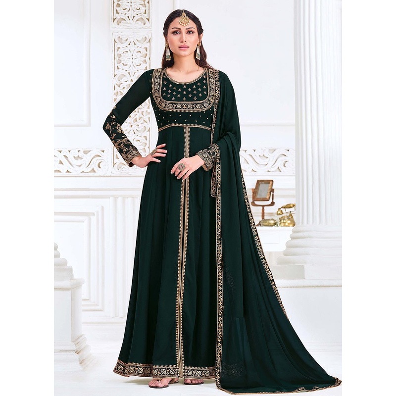 Front Slit Bottle Green Zari Embroidered Anarkali Suit