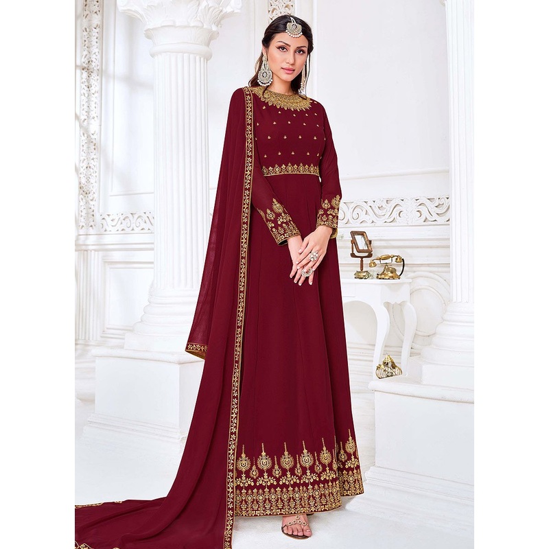 Front Slit Deep Maroon Zari Embroidered Anarkali Suit
