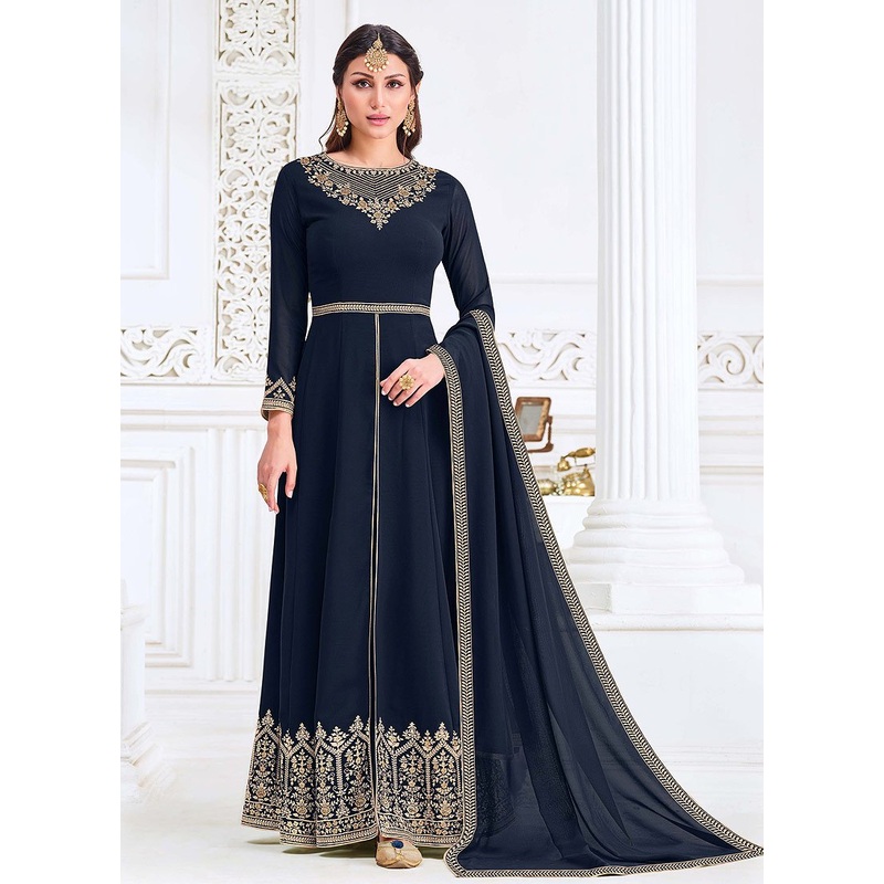 Front Slit Navy Blue Zari Embroidered Anarkali Suit