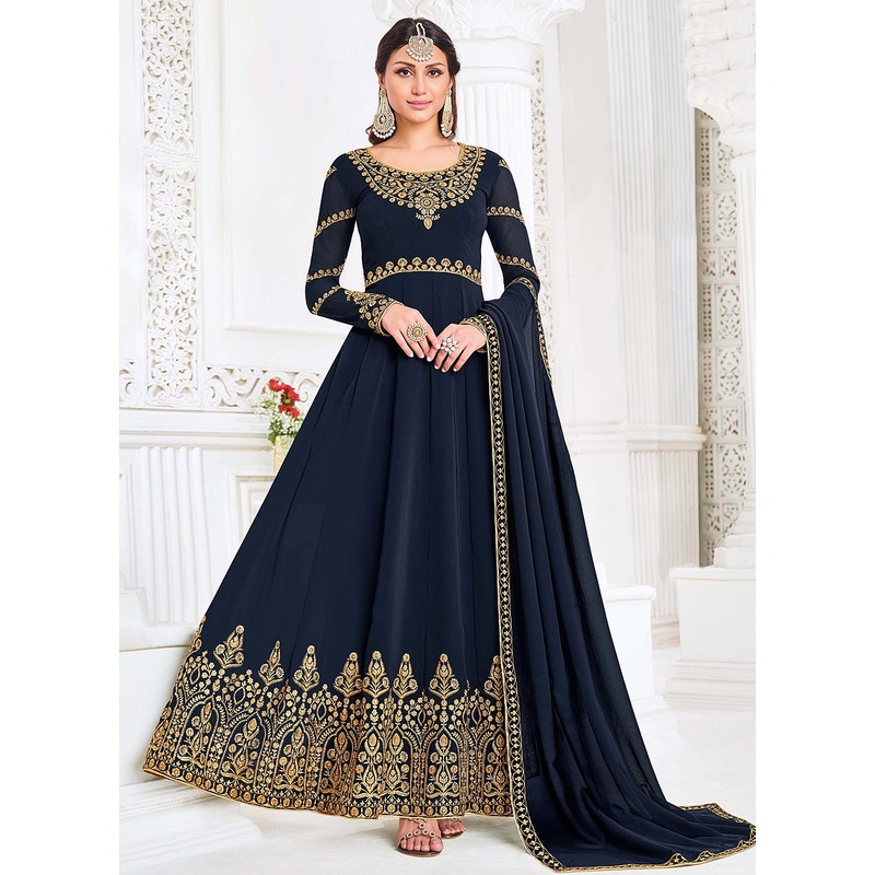 Front Slit Prussian Blue Zari Embroidered Anarkali Suit