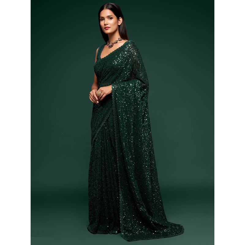 Fully Sequined Bottle Green Georgette Designer Saree