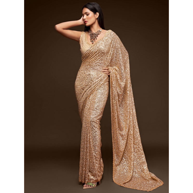 Fully Sequined Ivory Beige Georgette Designer Saree