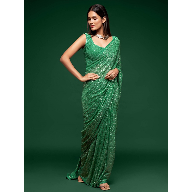 Fully Sequined Mint Green Georgette Designer Saree
