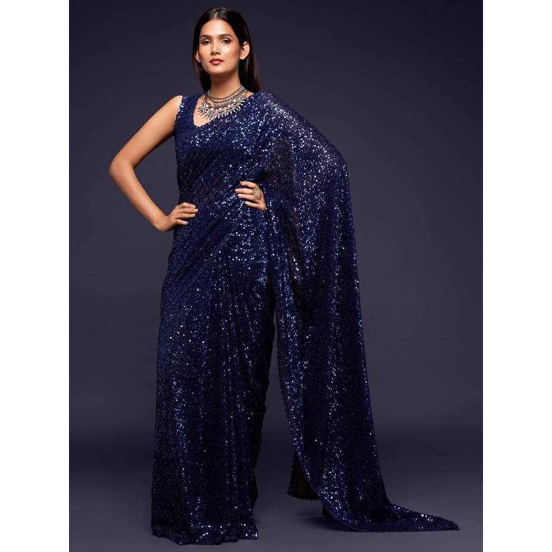 Fully Sequined Navy Blue Georgette Designer Saree