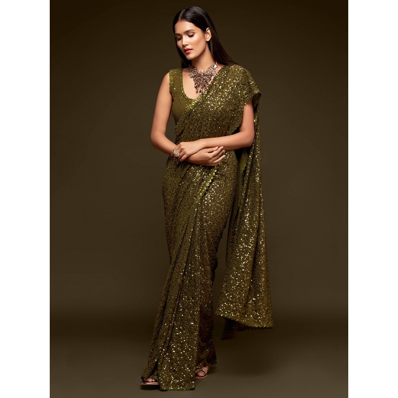 Fully Sequined Olive Green Georgette Designer Saree