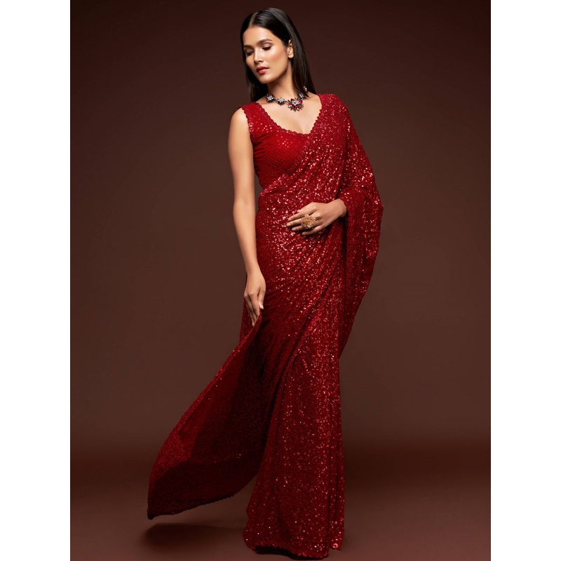 Fully Sequined Party Red Georgette Designer Saree