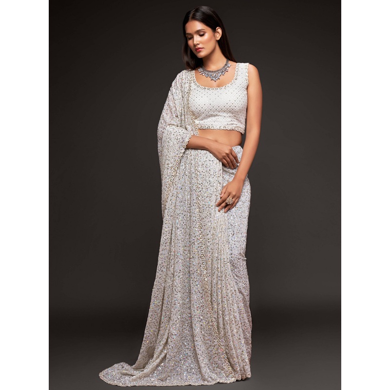Fully Sequined Pearl White Georgette Designer Saree