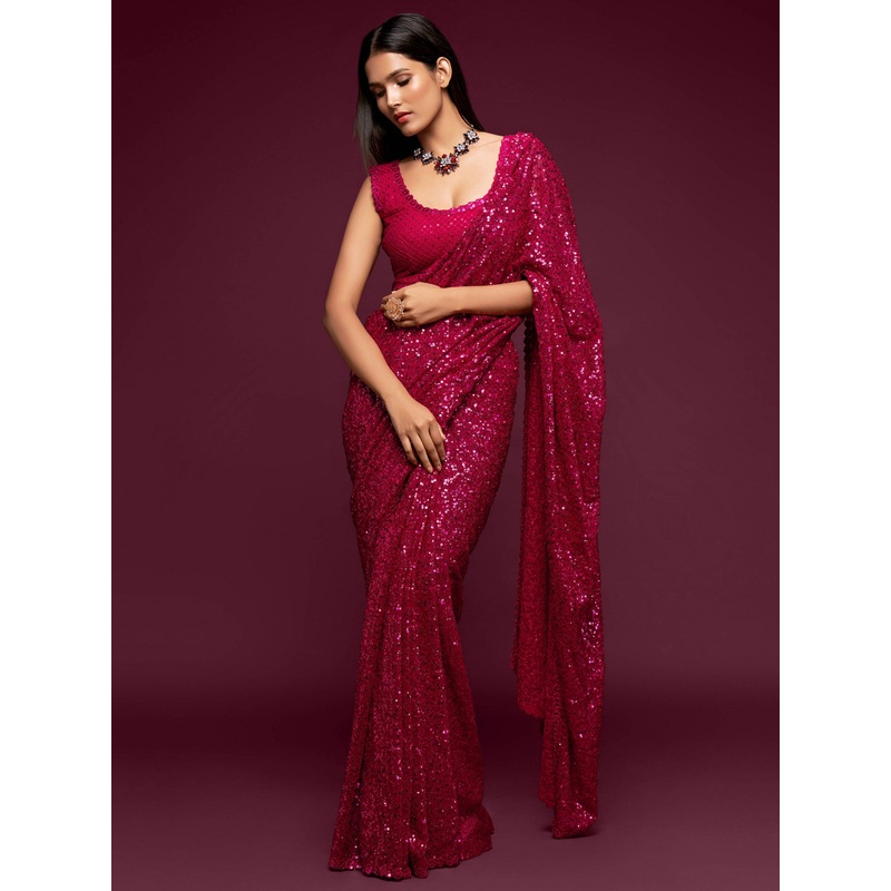 Fully Sequined Ruby Pink Georgette Designer Saree
