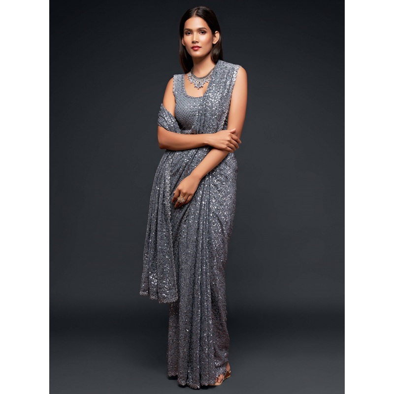 Fully Sequined Steel Grey Georgette Designer Saree
