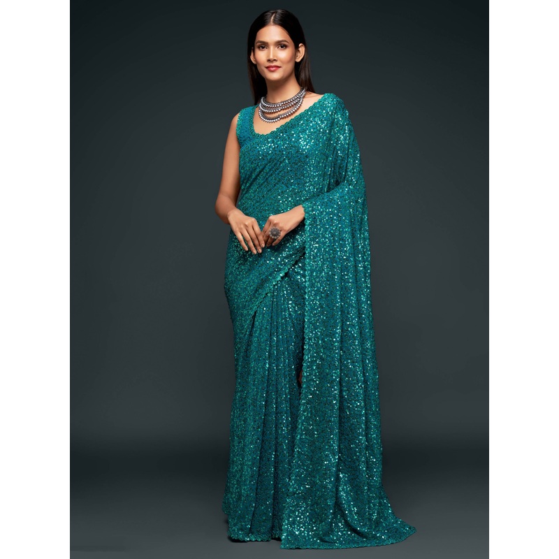 Fully Sequined Teal Blue Georgette Designer Saree