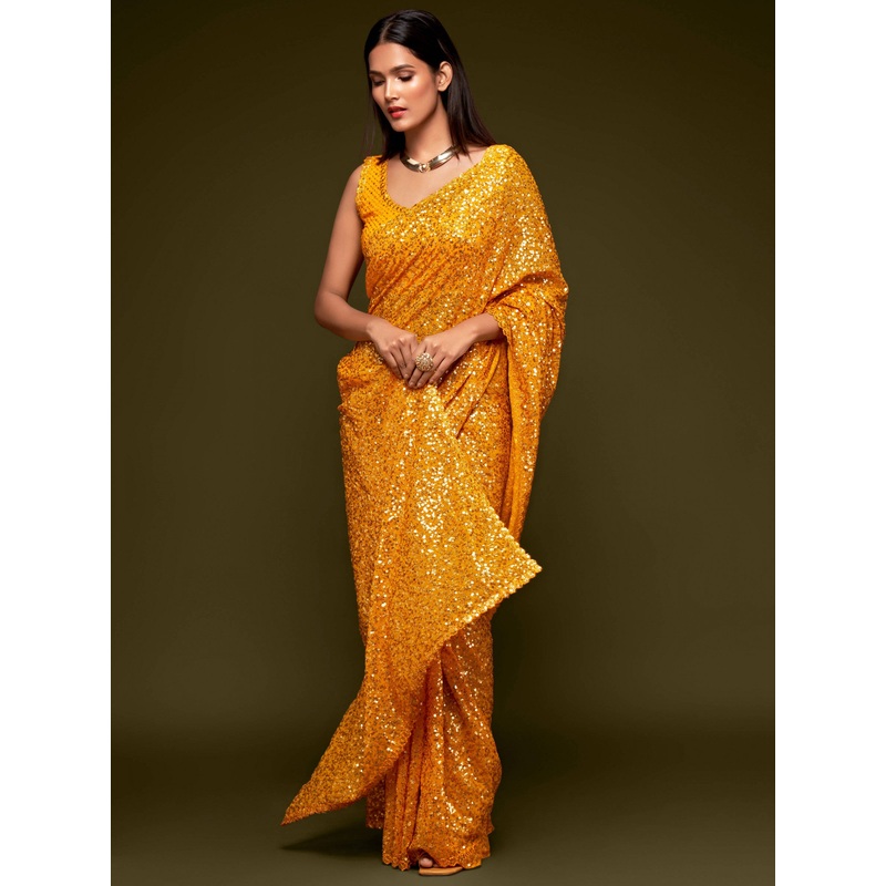 Fully Sequined Turmeric Yellow Georgette Designer Saree