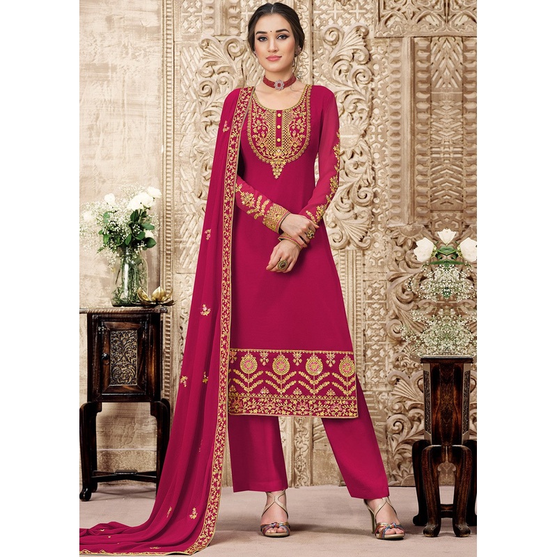 Georgette Cerise Pink Heavy Embroidered Pant Suit