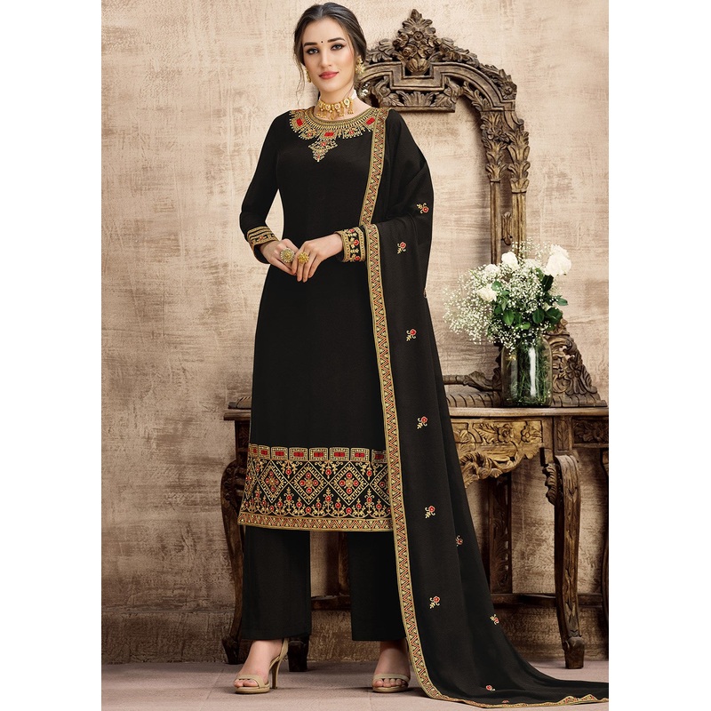 Georgette Classy Black Heavy Embroidered Pant Suit