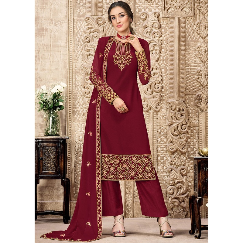 Georgette Deep Maroon Heavy Embroidered Palazzo Suit