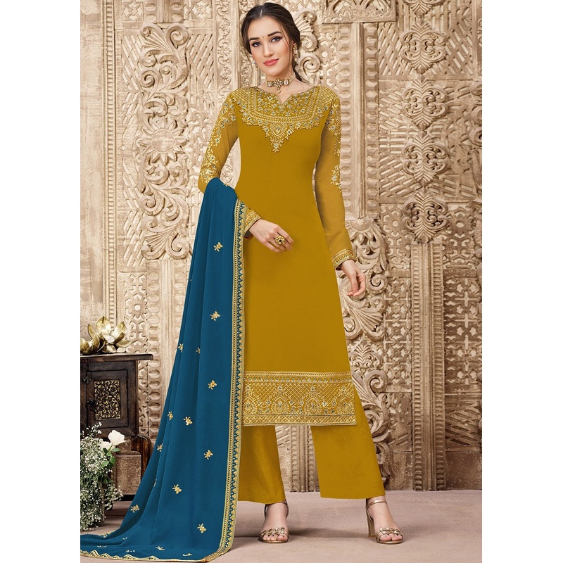 Georgette Mustard Yellow Heavy Embroidered Pant Suit