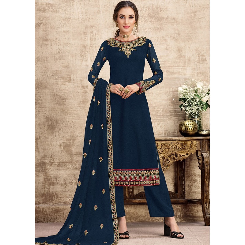 Georgette Navy Blue Heavy Embroidered Pant Suit