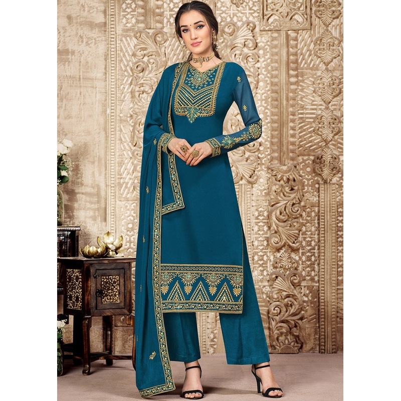 Georgette Teal Blue Heavy Embroidered Pant Suit