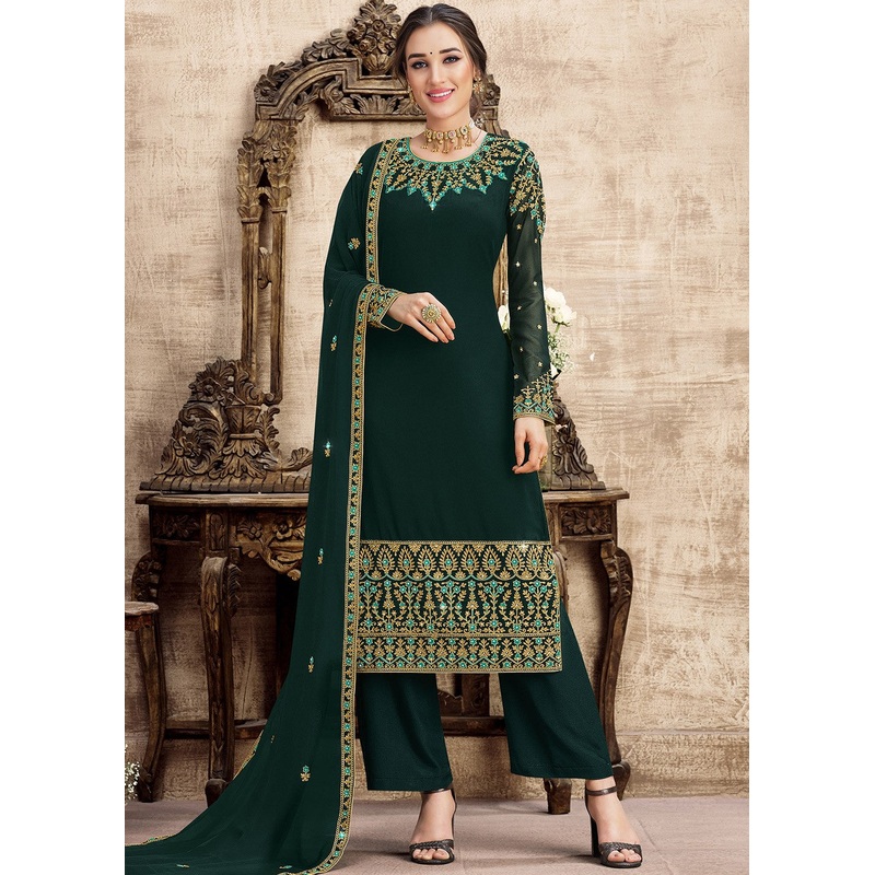 Georgette Teal Green Heavy Embroidered Palazzo Suit