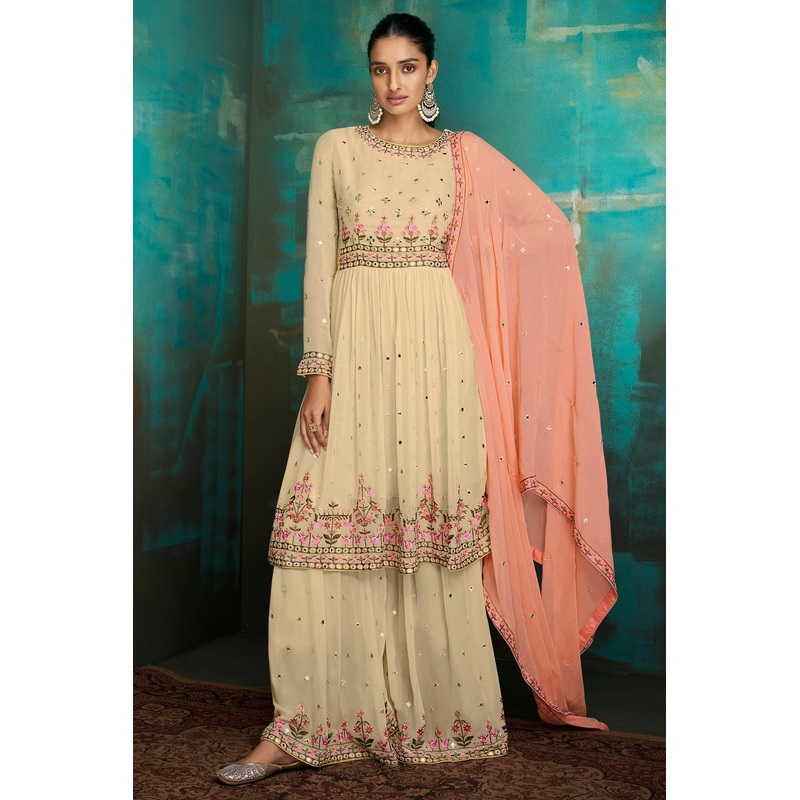 Gharara Style Cream Embroidered Sharara Suit
