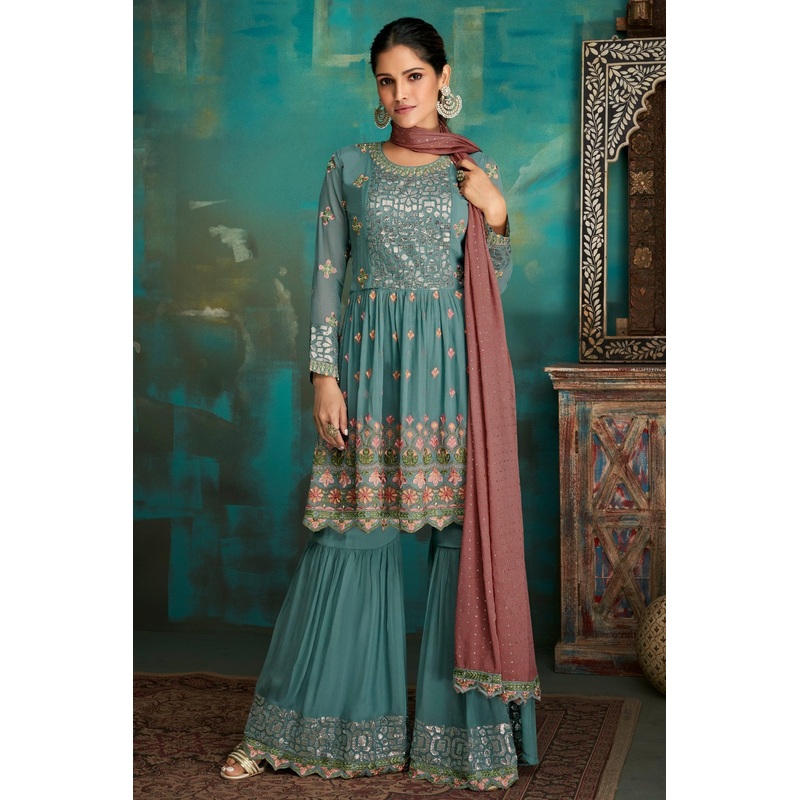 Gharara Style Dusty Blue Embroidered Sharara Suit