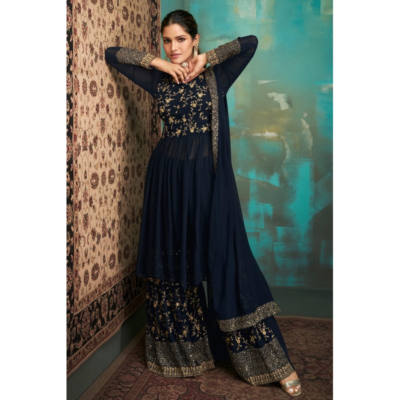 Gharara Style Navy Blue Embroidered Sharara Suit
